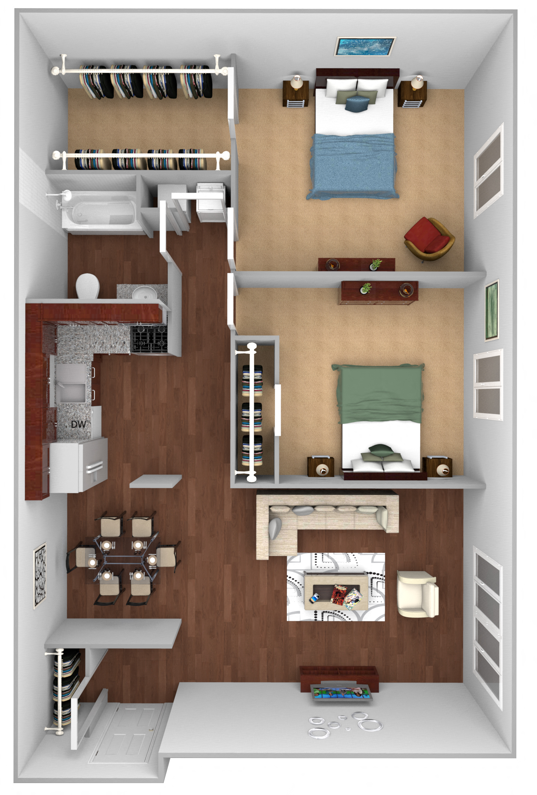 Floor plan for 2 beds, 1 bath, 864 sqft